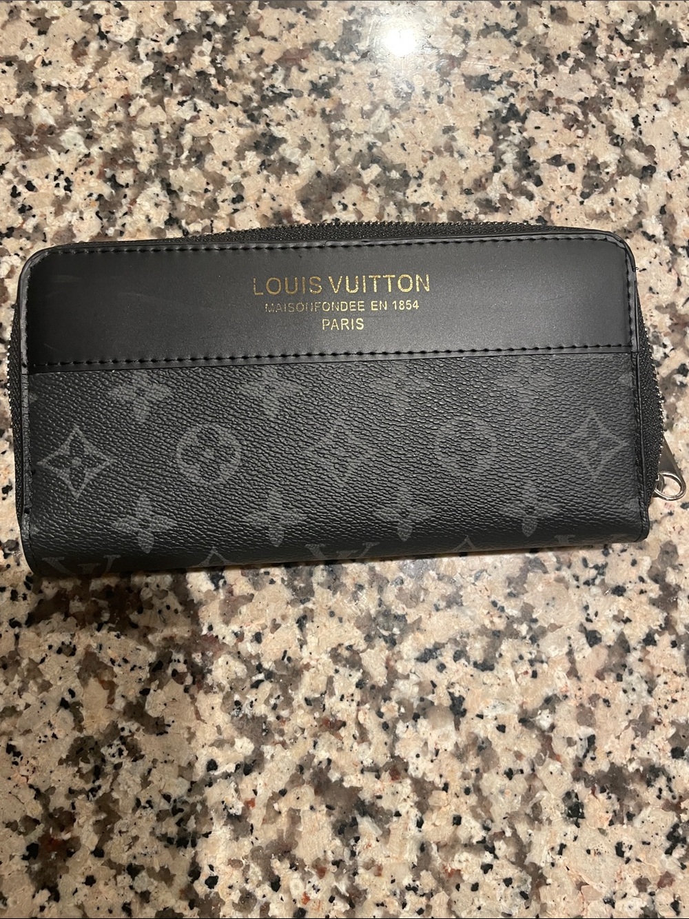 Louis Vuitton Black Monogram Zip Around Wallet with Gold Logo